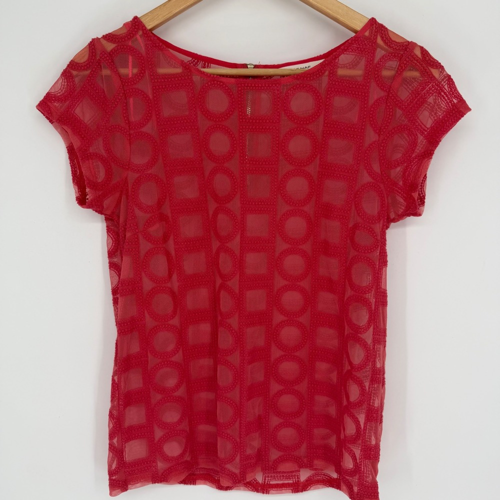 Naf Naf Paris Top Y2K Red Sheer Mesh Geometric Lace Cap Sleeve Gold Zipper L